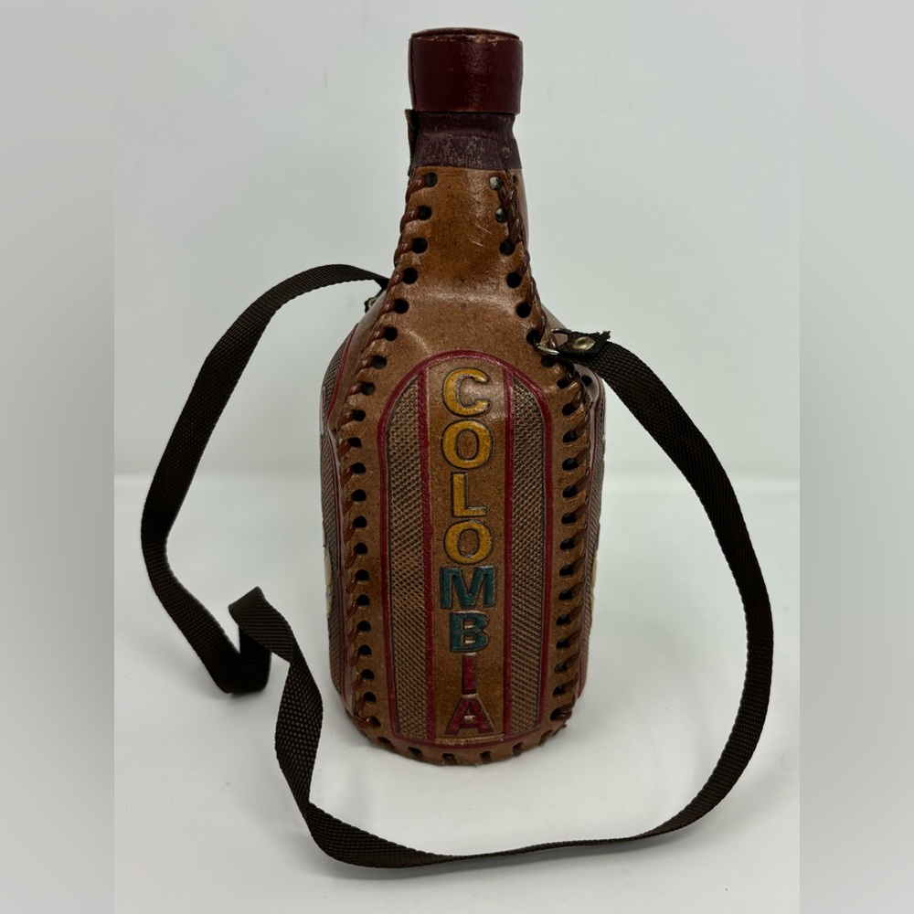 Vintage Columbia Decanter Leather Hand Tooled Empty Bottle Flask With Cap Strap